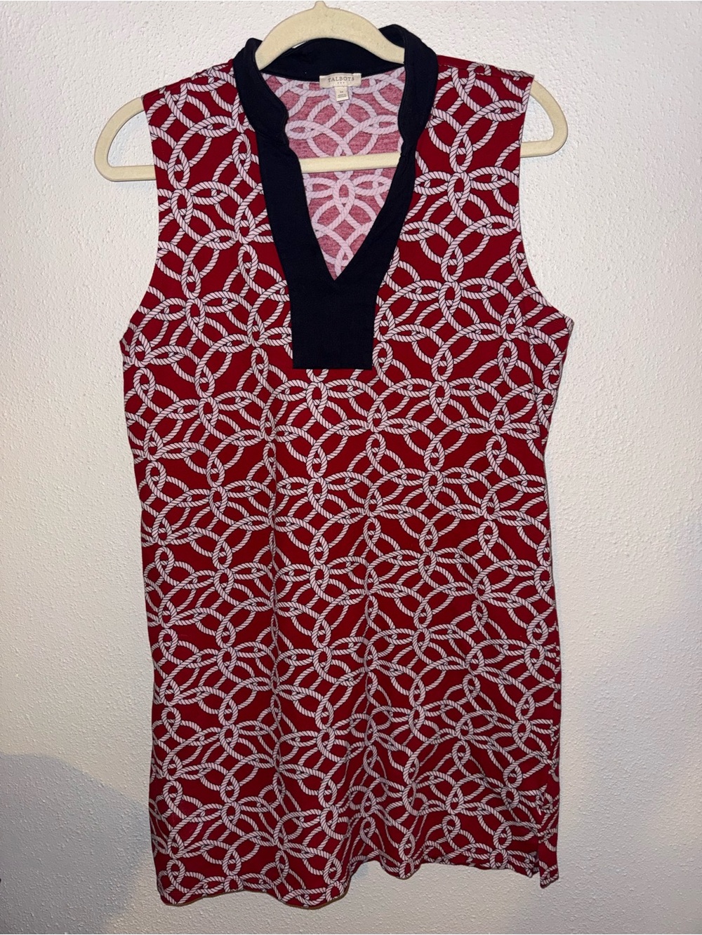 (M) Talbots Sleeveless Red Patterned Shift Dress with Navy Trim